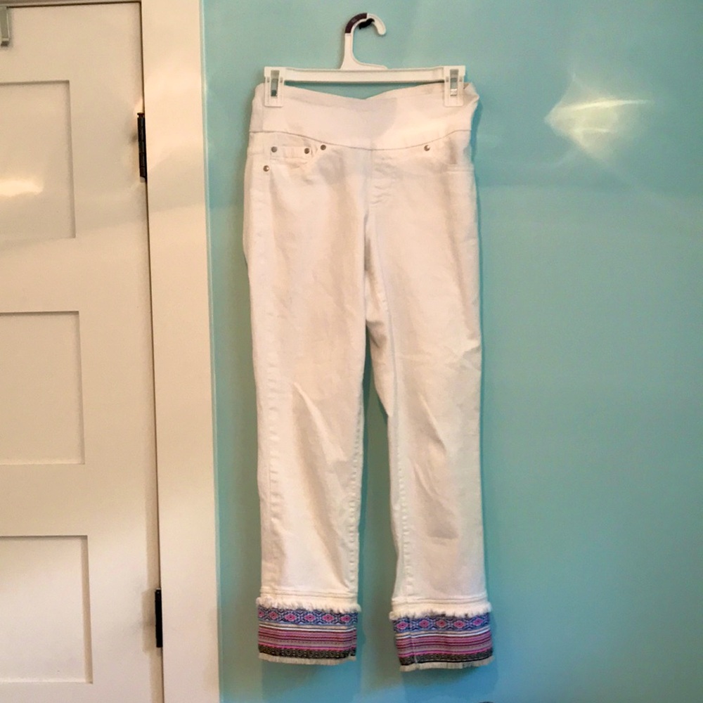 JAG Jeans White High Rise Jean Pants Colorful Patterned Ankle Cuff Embroidered